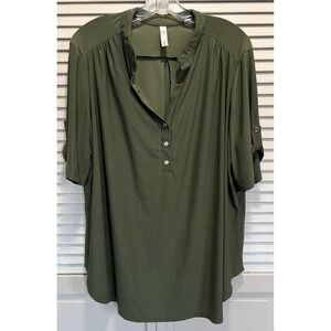 Per Seption Olive Green Blouse Size 3XL Button Front Short Tab Sleeves Flowy